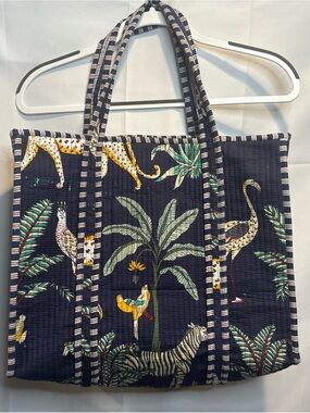 Quilted Tropical Print Tote Bag - Dark Navy